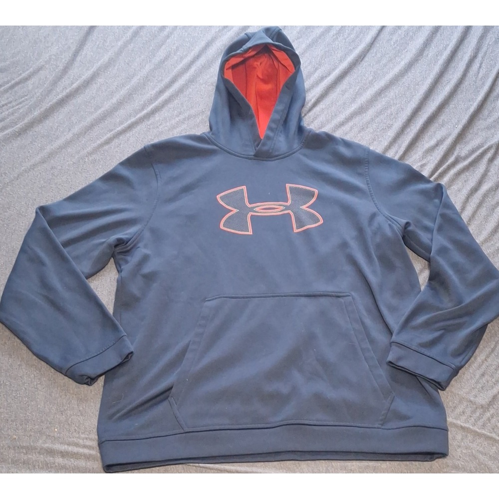 Under Armour ColdGear Men's Blue Orange Logo Fleece Pullover Hoodie L Loose